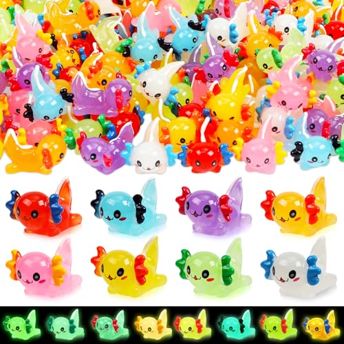 64PCS Luminous Mini Resin Axolotl 8 Colors Glow in The Dark Small Little Resin Axolot to Hide Bulk Miniature Plastic Animal Figures for Micro Landscape Dollhouse Fairy Garden Aquarium Potted DIY Decor (64pcs-axolotl)