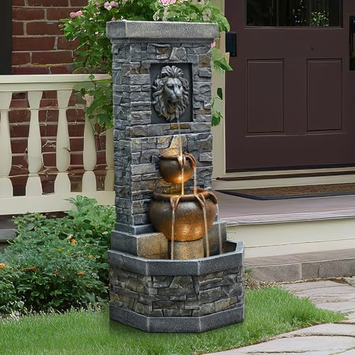 42'' Lion Head Outdoor Water Fountain with Lights (Lion Head 42in)