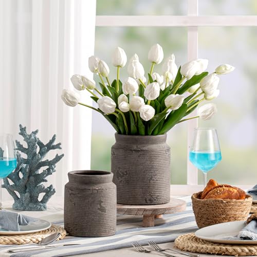 Ceramic Flower Vase 7.5 inch Farmhouse Rustic Vase for Home Decor Handcrafted Pottery Terracotta Vases for Dining Table Decor Fireplace Living Room Bathroom Wedding Centerpiece (01-m-dark Gray)