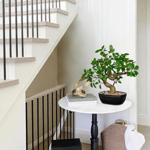 Artificial Bonsai Tree 12.9 Inch Faux Ficus Plant in Ceramic Pot with Pebbles Fake Green Potted Plant for Home Office Desk Decor Indoor Zen Table Centerpiece (Green)