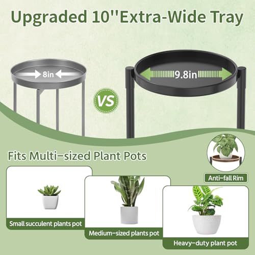 Plant Stand Indoor with 10 Inch Large Metal Tray (Solid Black / 3 Tier)