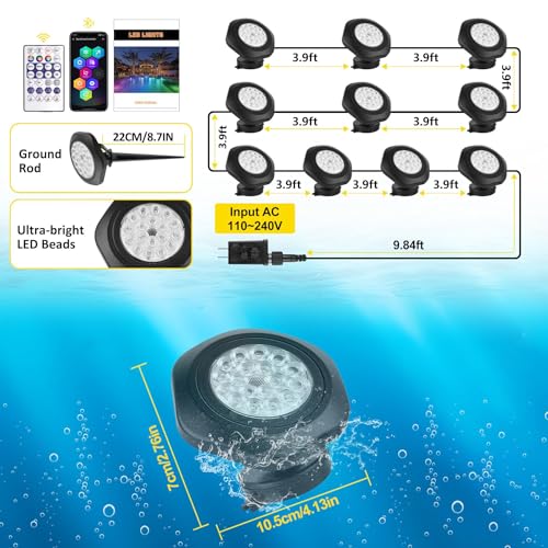 Pond Lights LED Underwater 16M Colors with App and Remote 10 Pack (Set of 10)