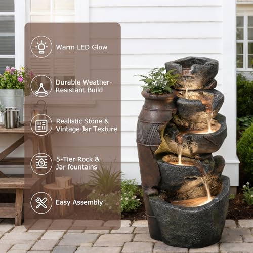 5 Tiered Rock Water Fountain Outdoor Cascading Waterfall Fountain (31.7’’H / Jar & Stacked Stone-31.7’’h)