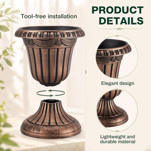 4 Pcs 10 x 12 Inches Brushed Copper Plastic Urn Planter Classic Flower Pots Front Porch Planters Indoor Outdoor Planters with Pedestal for Wedding Party Bridal Shower Garden Patio Porch (10 x 12 Inches / Brushed Copper)