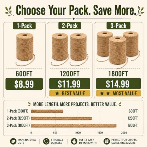 2mm - 164FT, 600FT, 1200FT, 1800FT Natural Jute Twine Rope String (164 Foot)