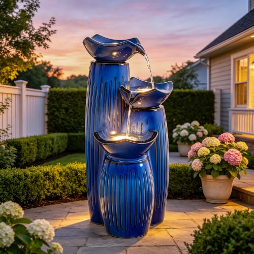 Autodaya 30" H Modern Ceramic Outdoor Water Fountain (Cobalt Blue Fluted-30"h)