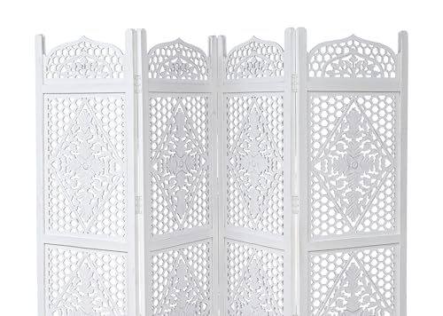 Room Divider Wooden Foldable Hand Carved Screens Panel_80" Wx72 H_4Panel (Antique White / 80"W x 72"H - Minar)