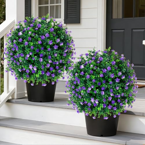2 Pack Artificial Boxwood Topiary Tree with Flower for Outdoor (Purple Flower)