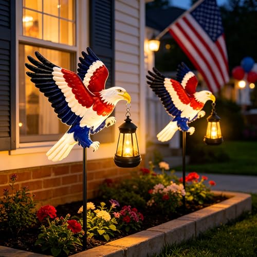 4th of July Decorations 250th anniversary 2 Pack Bald Eagle Solar Garden Lights Outdoor Waterproof