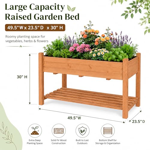 Raised Garden Beds Outdoor with Storage Shelf Fir Wood Planter Raised Beds (Brown / W49.5X D23.5X H30in)
