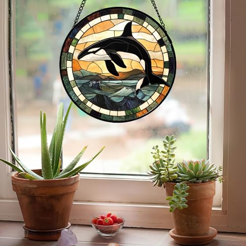 Orca Whale Ocean Waves Stained Glass Window Hanging Suncatcher Gifts 6.3" (Black and White / 6.3x6.3 IN)