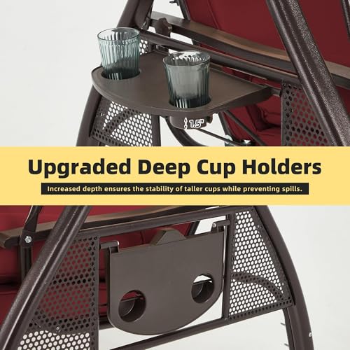 3 Seat Porch Swing with Adjustable Canopy (Wine Red)