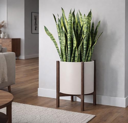 Plastic Pot with Walnut Wood Stand (Oatmeal Pot + Walnut Color Stand / 16 Inch)