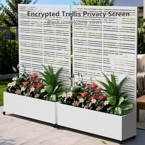 Metal Planter Box with Trellis Privacy Screen (White Line / 73"x 47"x 16")