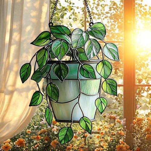 Monstera Garden Acrylic Suncatcher Plant Lover Gift Faux Stained Glass Window Hanging Garden Home Decor Gift for Mom (1-fba-lh-evg-j19-h / 8")