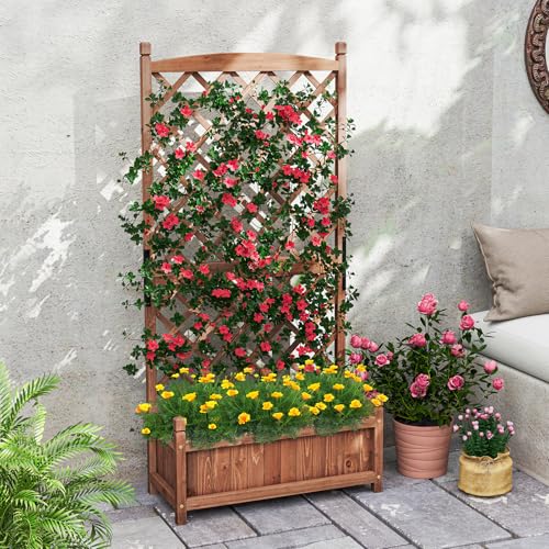 Raised Garden Bed with Trellis Set of 2 (Brown / 28"Lx13"Wx60"H)