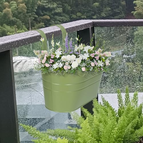Metal Iron Flower Pots for Railing Fence Hanging Bucket Pots (Green)
