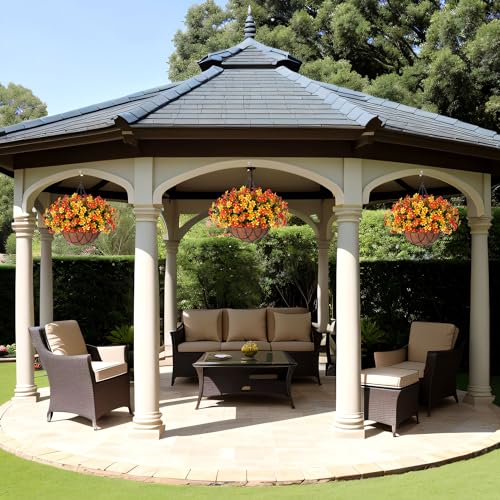 Artificial Fall Mums Flowers with Hanging Basket for Outdoor (Corange)