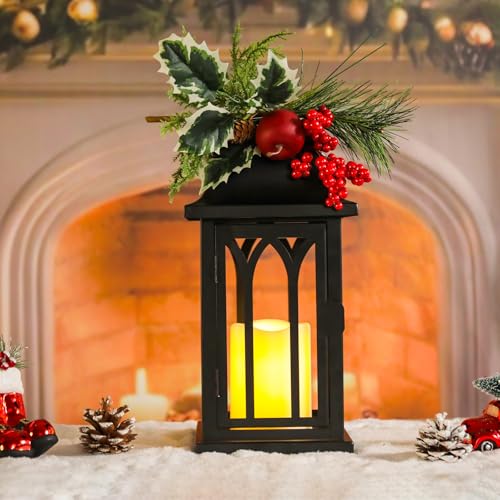 15 Inch Black Christmas Lanterns Set of 2 with LED Flameless Candles