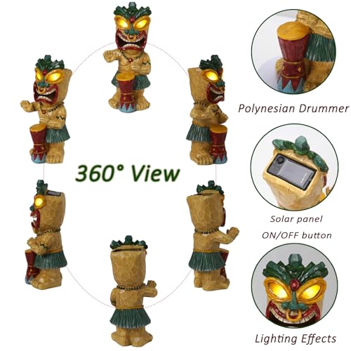 Solar Tiki Garden Statue with LED Eyes Outdoor Polynesian Drummer Hawaiian Party Decor Solar Light Ornament for Patio Porch Lawn or Tiki Lover Best Gifts for Tiki Lovers (Drumming Tiki Statue)