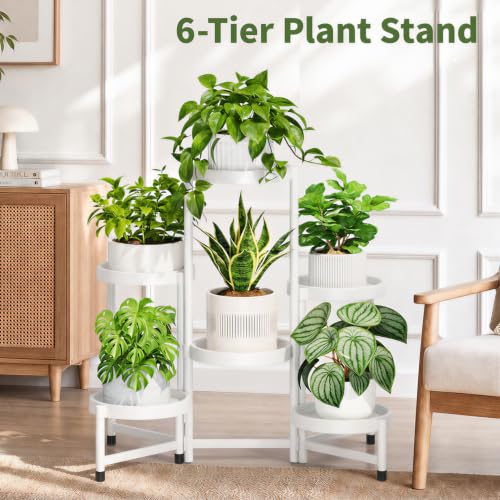 Plant Stand Indoor Outdoor with Large 10 Inch Plastic Tray (Matte White with Large Tray / 6 Tier)