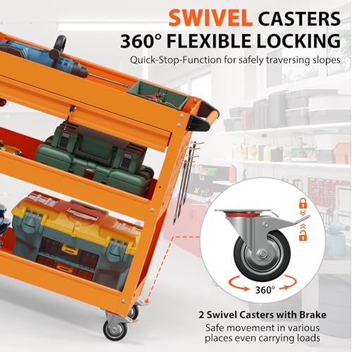 3 Tier Heavy Duty Rolling Tool Cart with Drawers (Orange)