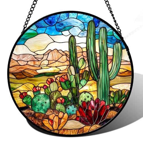Cactus Desert Flower Stained Glass Window Hanging Suncatcher Gifts 9.8" (Brown and Green / 9.8x9.8 IN)