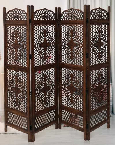 Room Divider Wooden Foldable Hand Carved Screens Panel_80" Wx72 H_4Panel (Burnt / 80"W x 72"H - Minar)