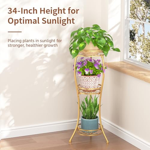 3 Tiers Metal Corner Plant Flower Stand Tall Indoor Outdoor (Classic Gold / 3 Tier)