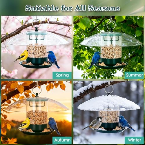 Metal Bird Feeder for Outdoor Hanging with 12” Weatherproof Dome (Green with Transparent Dome)