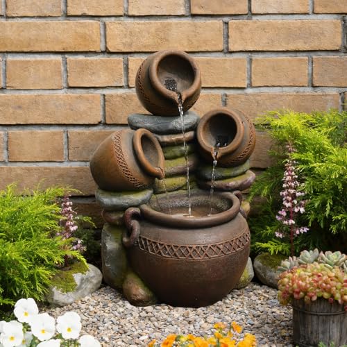 22" Tall Water Fountain Outdoor Cascading Bowls and Stacked Stones 3 Tiers Waterfalls Natural Water Feature with LED Lights for Garden (Brown-2)