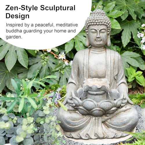 Buddha Outdoor Water Fountain with Lights and Pump (Concrete Buddha W/Lotus Leaf&flower Basins / 28.25"H)