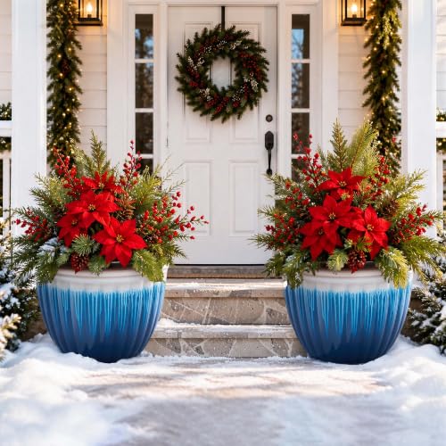 15" Large Planters for Outdoor Plants Set of 2 Plastic Flower Pots (15"-gradient Blue & White)