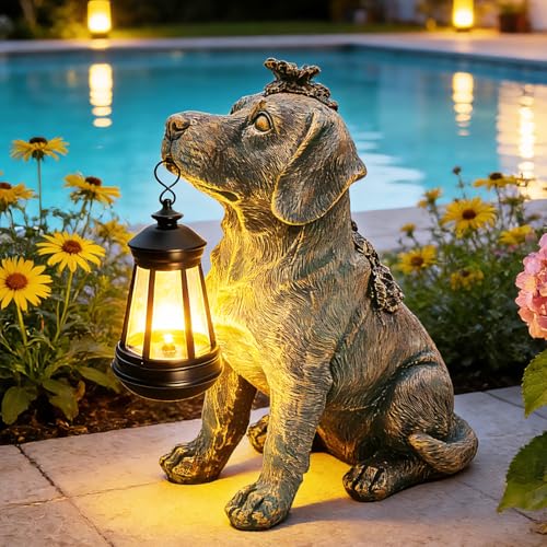 Garden Statue Dog Figurine Decor with Solar Lights 11in Outdoor Decoration (Bronze - Dog with Lantern)