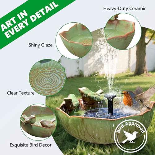 Solar Powered Ceramic Bird Bath for Outdoors (Green and Black)