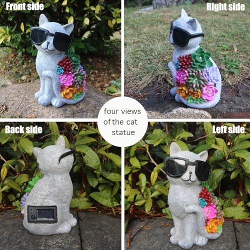 Solar Cat Garden Decor Statues with Succulent LED Lights and Sunglasses (French)