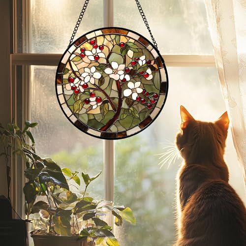 White Flowers Red Berries Stained Glass Window Hanging Suncatcher Gift 9.8" (Brown Green / 9.8x9.8 IN)