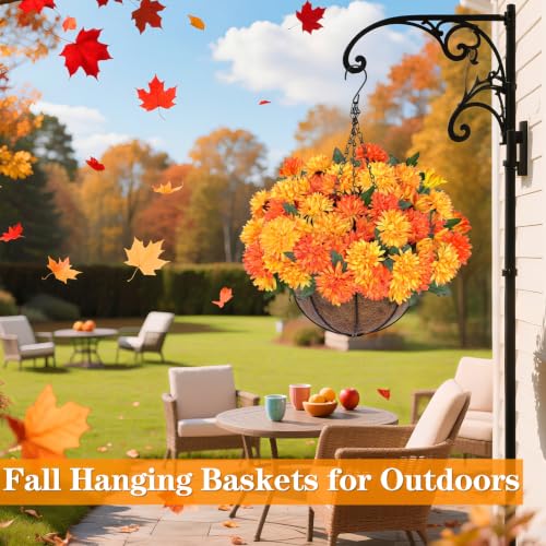 2 Sets Artificial Faux Fall Mums Hanging Flowers Plants Basket for Outdoor Decor (Orange)