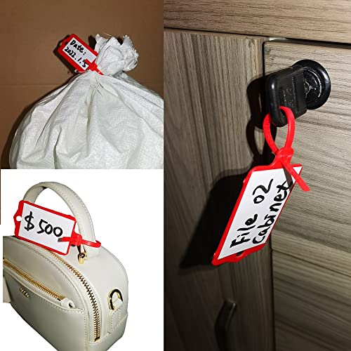 100pcs Reusable Blank Plastic Tags Ties Key Tags 1.45"*2.48" Serrated Tension Sealing Strap with Large Label Plastic Tie Mark Label Waterproof Hang Sign Write on Tag