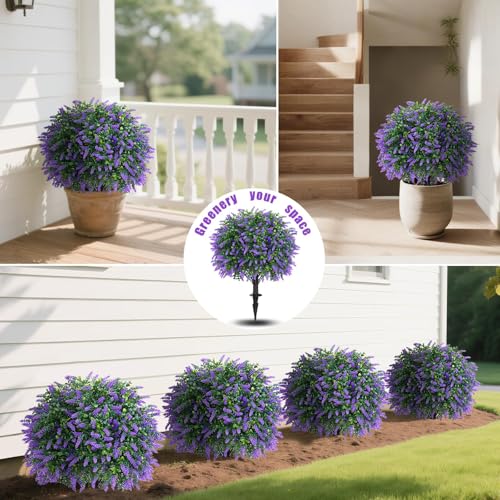 4Pack Fake Lavender Topiary Ball with Boxwood Leave & Ground Spike (Lavender-4pcs)
