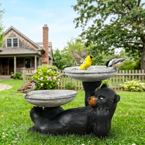 18" Fibre Reinforced Concrete Outdoor Birdbath (18"_bear / Black)