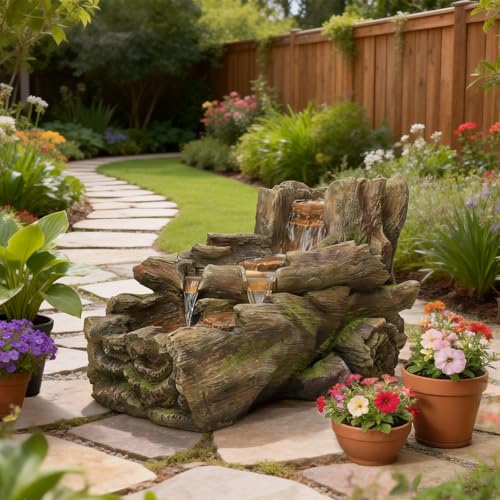 34" L Realistic Tree Trunk Outdoor Water Fountain with 3 Tiers (45.1H / Brown Red)