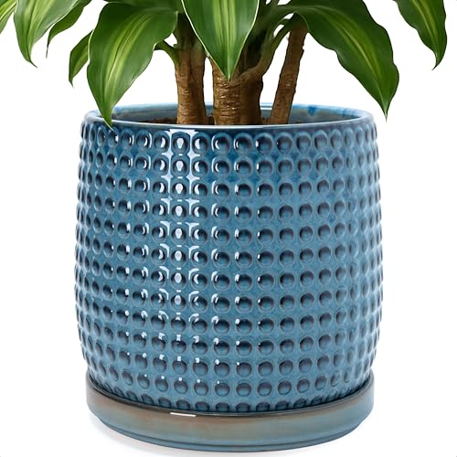 Beaded Ceramic Pot with Saucer (10.2 Inch / Ocean Teal)