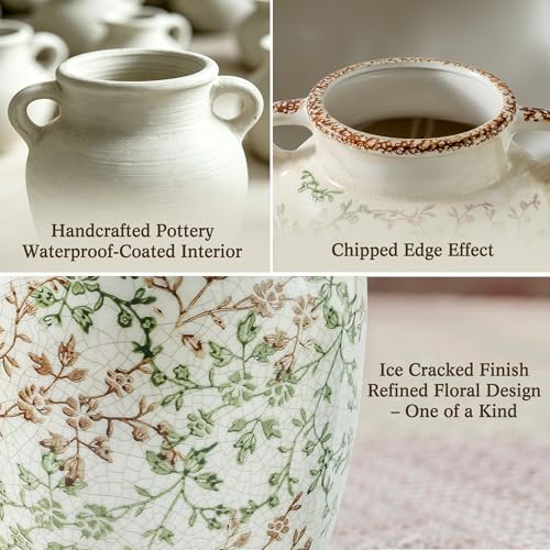 Vintage Vase Chinoiserie Ceramic Flower Vase with Double Handles (01-green and Beige-7.8 Inch)