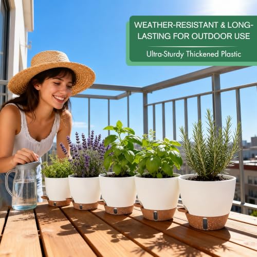 5-Pack 10/9/8/7/6.5Inch Self Watering Pots for Inoor Plants Plastic Planter (White / 6.5/7/8/9/10 Inch)