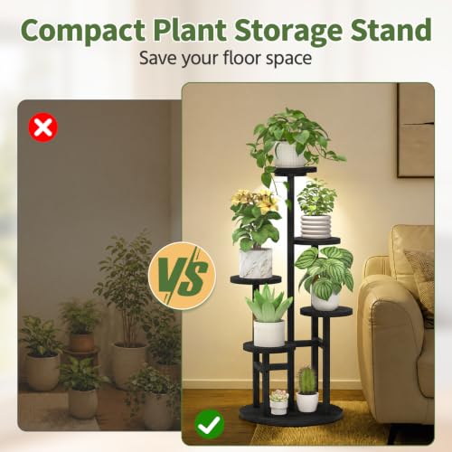 Wood Small Plant Stand Table Indoor Tall with Lights (Natural Black with Light / 5 Tier)