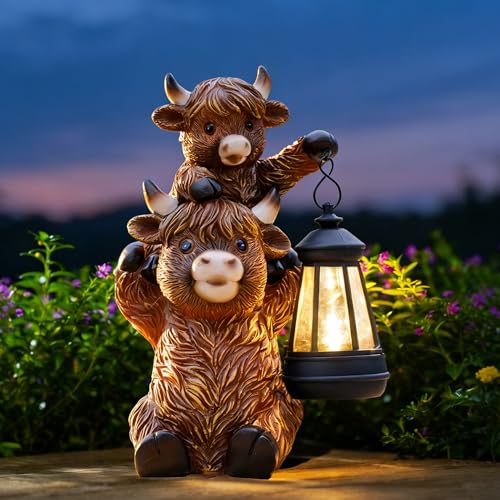 Highland Cow with Solar Lantern Garden Statue (Brown Highland Cow)