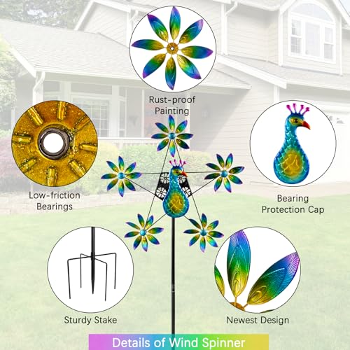 Peacock Colorful Flowers Wind Spinner with Stake (Green)