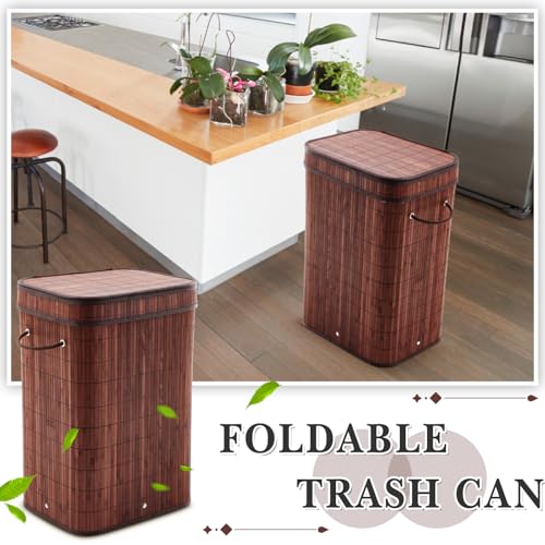 2 Pack 21 Gallon Bamboo Slim Trash Can with Lid Foldable (23.6×15.8×11.8inches / Brown)