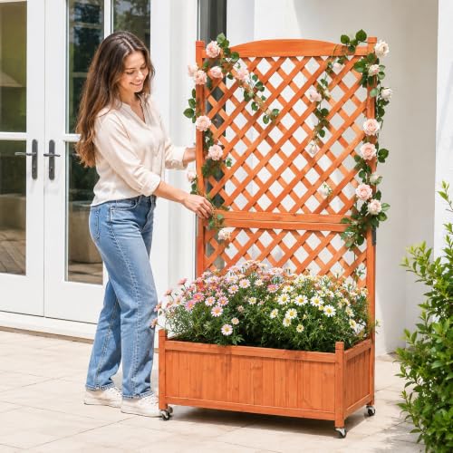 Trellis Raised Garden Bed with Wheels Trellis for Climbing Plants Outdoor (Red Brown / H63 × W36 × D17.5 in)